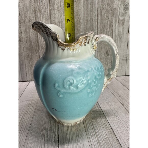 W.H Grindley & Co England Antique Pitcher Porcelain Blue White Gold 7" Tall - Picture 7 of 11